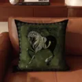 French vintage style green cushion detail showing ornate golden horse pattern on soft fabric. - SBZA001506