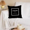 Black cotton linen throw pillow cover with stylish modern coffee quote print for home sofa decor - 45*45cm (Pillowcase + Core) / QCW13