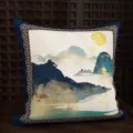 Luxury Chinese style landscape throw pillow, blue mountain art print square sofa cushion cover. - Landscape Painting (MAKH06)
