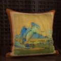 Chinese style throw pillow with traditional landscape painting print and leather trim for sofa decor - Landscape Painting (MAKH07)