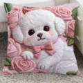 Cute white puppy embroidered throw pillow with pink roses for sofa bed decoration, soft cushion - SBZA115308