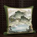 Chinese style throw pillow with traditional landscape print, luxury green sofa decorative cushion. - Landscape Painting (MAKH10)