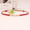 Red thin belt for women with pearl metal buckle, stylish accessory for dress and sweater detail. - Red