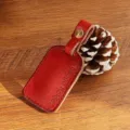 Handmade red leather badge holder and smart access card case with key ring detail view - Rectangle / Red