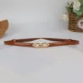 Brown patent leather thin belt with elegant pearl metal buckle, sweet dress decorative waist belt. - Camel