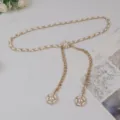Elegant women gold chain belt with white leather woven and pearl camellia floral charms style. - #274 White