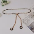 Women fashion waist chain black leather gold metal four leaf clover pearl dress belt variant - #276 Black
