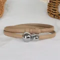 Sottile cintura in pelle beige con elegante fibbia in metallo sferico argentato - Cachi Fibbia Argentata