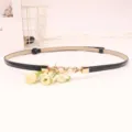 Women's black skinny belt with gold pearl buckle, elegant adjustable dress belt for sweater. - Black
