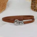 Women thin brown leather belt with silver ball metal buckle stylish dress waist cincher accessories - Caramel Silver Buckle