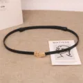 Women thin black leather belt gold metal buckle adjustable dress waist strap casual design - Black