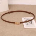 Primo piano dettagliato della sottile cintura in pelle marrone con elegante fibbia rotonda dorata. - Colore caramello