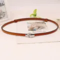 Women brown leather belt with silver ring buckle slim dress waist accessory fashion chic - Camel Silver Buckle