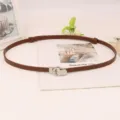 Women brown thin leather belt with silver interlocking buckle, stylish accessory for dress. - Caramel Silver Buckle
