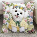 Cute Bichon Frise throw pillow with delicate floral embroidery, perfect for sofa decor. - 35x35cm (Without Core) / SBZA112802