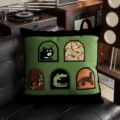 Vintage style throw pillow detail showing retro illustrative window design on green and black fabric. - Double Sided 35x35cm (Cover Only) / BBDY03