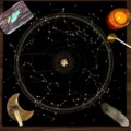 Detail view of black tarot cloth featuring golden zodiac constellations and mystical altar props. - 60x60 cm (Small Cover Cloth) / XZB02