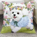 Cute Bichon Frise throw pillow with floral embroidery, soft decorative cushion for sofa and car. - SBZA112807