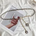 Women delicate waist chain gold metal black leather woven pearl decorative belt dress accessory - #278 Black