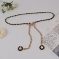 Women's elegant gold metal chain belt with black leather weave, pearl flower pendant waist accessory. - #279 Black