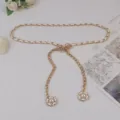 Women's luxury style pearl camellia waist chain elegant dress metal belt jewelry accessory - #279 White