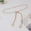 Chic women gold metal chain belt with white leather, floral pearl pendant and bow. - #280 White