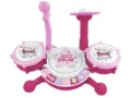 Pink kids toy drum set detail, close up view of music buttons, microphone and mini cymbals. - Pink Jazz Drum Set