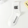 White street style mid-calf socks with English letters, comfortable cotton sports socks for men. - One Size Unpacked Socks (Size 37-44) / White