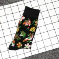 Black mid-calf cotton socks with vibrant ethnic floral and bird pattern, trendy street style. - Unisex (37-43) / No. 27 (Floral & Bird)