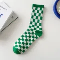 Green and white checkered crew socks for women, trendy casual streetwear skate socks. - One Size (EU 36-42) / Checkered (Green)