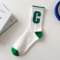 Green and white mid tube socks with letter C variant color sports casual socks women - One Size (EU 36-42) / Large C (Green)