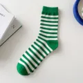 Green and white striped mid-calf socks for women, trendy casual cotton athletic streetwear. - One Size (EU 36-42) / Striped (Green)