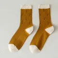 Women distressed crew socks mustard yellow white cotton Japanese street style trendy mid-tube - One Size (Size 36-42) Individually Packaged / Yellow Brown