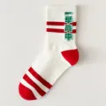 White and red striped mid-tube cotton socks with lucky Chinese text for exam success variant - One Size (EU 36-43) / Academic Success