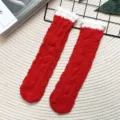 Red white fuzzy coral fleece sleep socks, cozy winter warm mid-calf casual thermal home socks. - One Size / Straight / Red