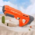 Pistola de agua eléctrica automática gran capacidad juguete de playa para niños - Pistola de agua eléctrica naranja de 50 cm (versión impermeable con autoabsorción)