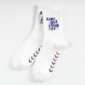 White mid-calf socks for men women with stylish blue and red print letters comfortable cotton. - Men's One Size (Sizes 37-44) / White
