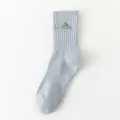 Grey mid-calf cotton socks featuring an embroidered snow mountain graphic for daily streetwear. - One Size (Sizes 38-44) / Gray