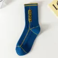 Trendy blue streetwear mid-calf socks with yellow stripes and letter print for men. - One Size Unpacked Socks (Size 37-44) / Navy Blue