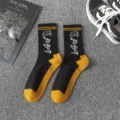 Black yellow mid tube cotton socks with robot print, stylish street style skate socks. - Robot One Size / Number 2