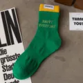 Green yellow crew socks men women casual sport socks with embroidery letters and label - Men's One Size (Sizes 37-44) / Green