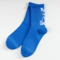 Blue crew socks with white letter print, cotton athletic skateboard socks for men and women - Men's One Size (Sizes 37-44) / Sapphire Blue