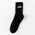 Black crew cotton socks with green mountain embroidery logo, fashionable streetwear sports socks. - One Size (Sizes 38-44) / Black