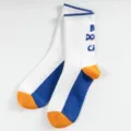 Street style mid-calf socks for men, cotton sports skateboard socks with color block. - Men's One Size (Sizes 37-44) / White Socks with Blue Cuffs