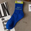 Men color block cotton crew socks with side label athletic casual streetwear socks. - Men's One Size (Sizes 37-44) / Blue