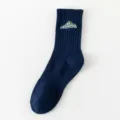 Men's dark blue mid-calf cotton socks with embroidered mountain logo, streetwear style. - One Size (Sizes 38-44) / Navy Blue