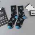 Black cotton mid-tube socks with blue robot print, stylish street style casual socks. - Robot One Size / Size 10