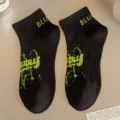 Men black ankle socks with green letter print, breathable cotton short sports socks. - Black