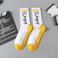 Street style cotton mid-calf socks with robot print, yellow and white athletic skateboard socks. - Robot One Size / Size 14