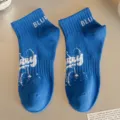 Men's blue low-cut cotton socks with white knitted letters and streetwear design for summer daily wear - Blue